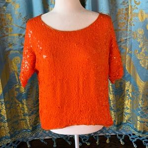 Vintage Bright Crimson orange sequins silk top